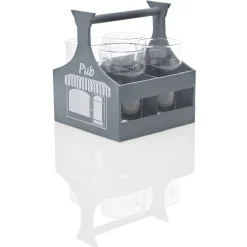 4 verres à bière avec support en bois gris