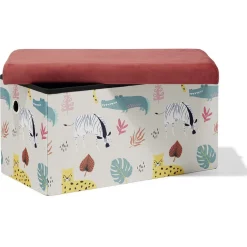 Banc coffre Clara animaux de la savane rouge - L60xP32xH32 cm