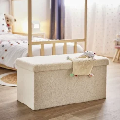 Banc coffre Clara décor laine bouclée Blanc - L77xP38xH38 cm