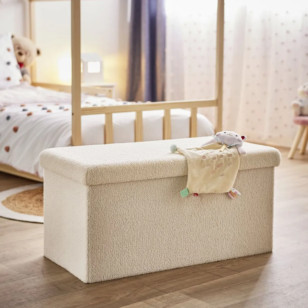 Banc coffre Clara décor laine bouclée Blanc - L77xP38xH38 cm