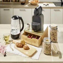 Bocal hermétique rond transparent avec couvercle en bambou H16,5 cm