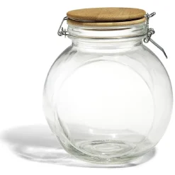 Bocal verre transparent 1,6L avec couvercle bambou et clip en fer