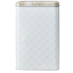 Boîte en métal imprimé gris avec couvercle effet bois