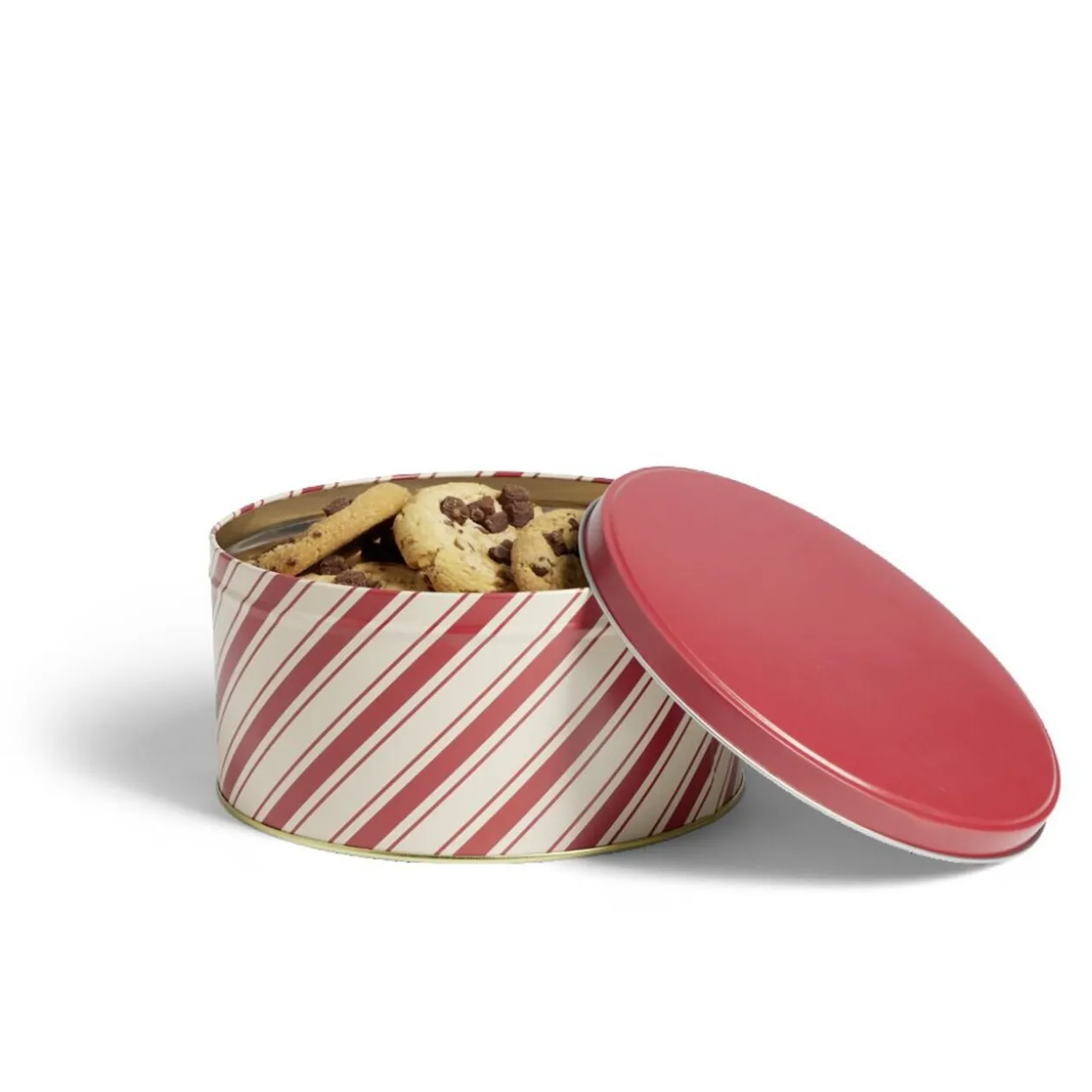 Boîte ronde en métal Ø16,7cm motif rayures beige et rouge