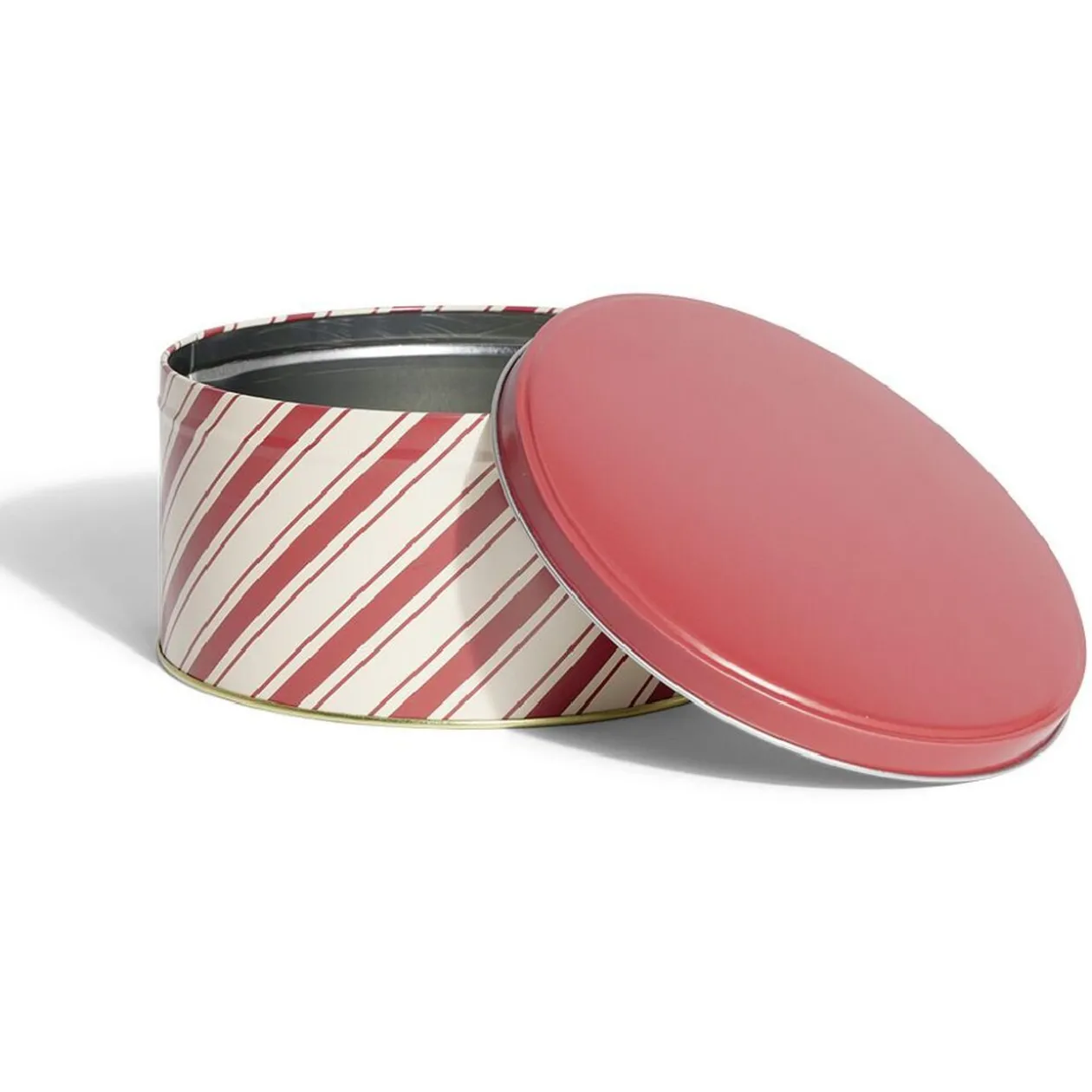 Boîte ronde en métal Ø16,7cm motif rayures beige et rouge