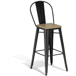 Chaise haute Fabrik métal noir et acacia 43x47xH.110 cm
