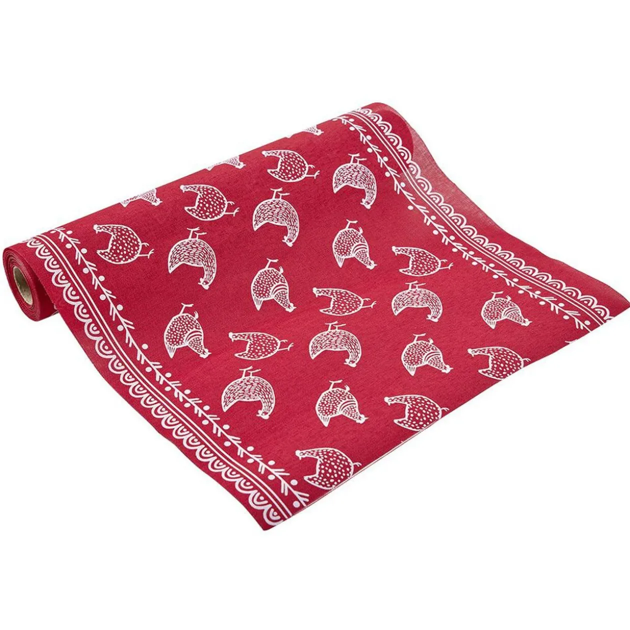 Chemin de table effet jute imprimé poule rouge et blanc L400x28 cm