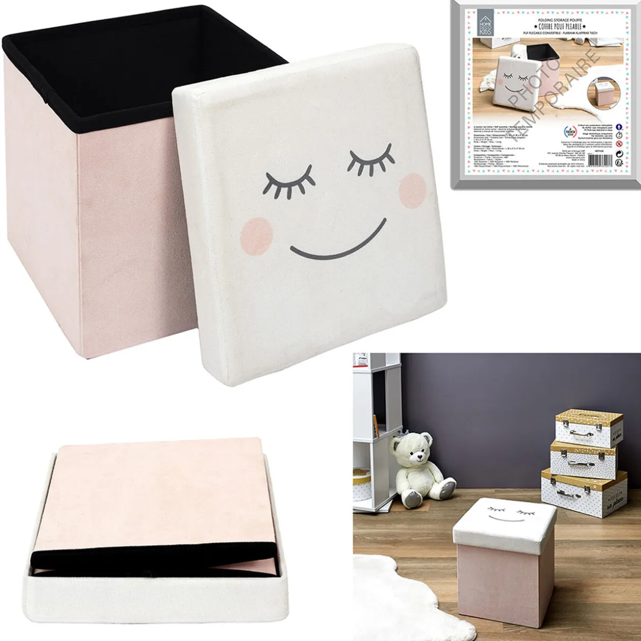 Coffre pouf pliable motif sourire Rose - 30x30xH30 cm