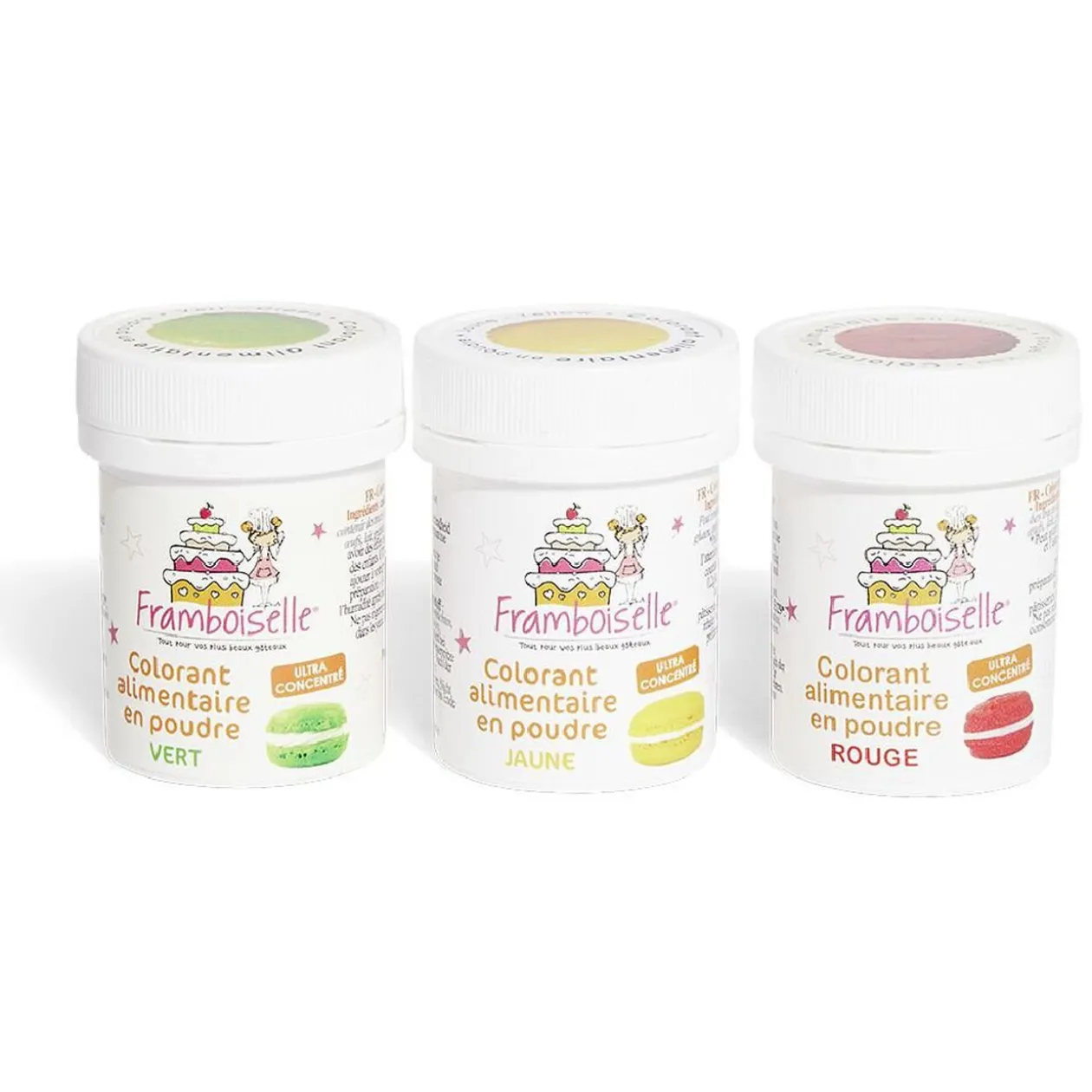 Colorant alimentaire en poudre Framboiselle rouge jaune vert x3