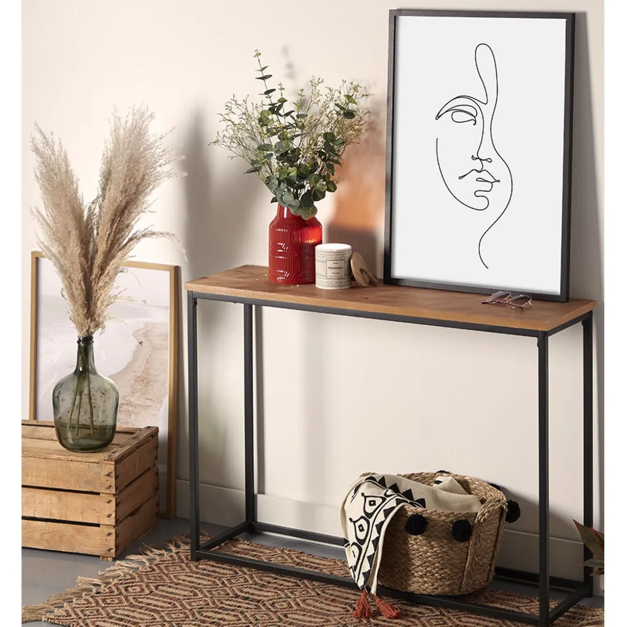 Console motif chevrons naturel et pieds noirs