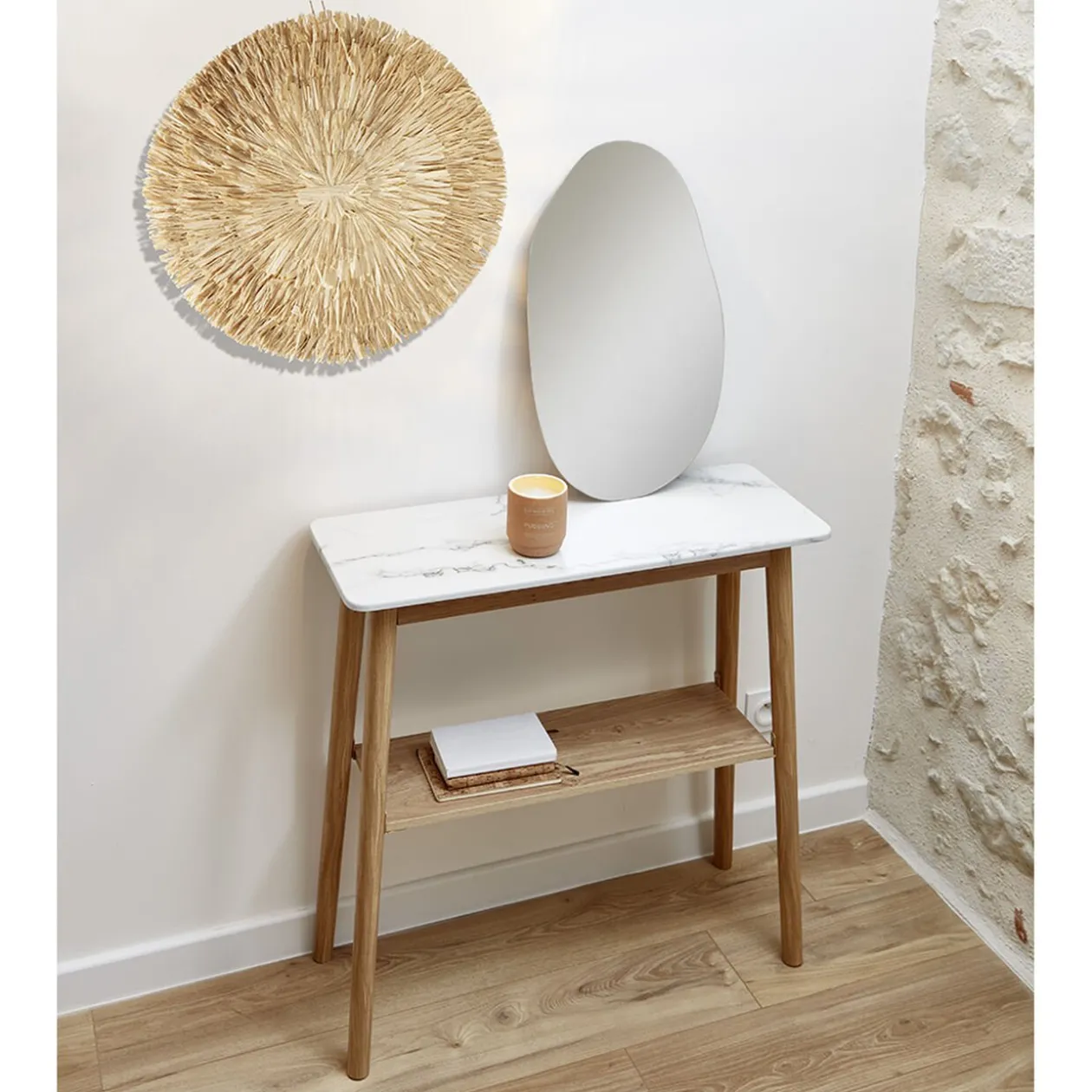 Console Scarlett bois plateau effet marbre gris et blanc 80x30xH80cm