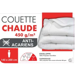 Couette 1 place blanche chaude anti acariens 450 g/m² 140x200 cm