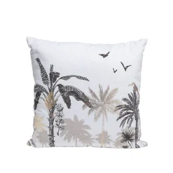 Coussin blanc motif paysage tropical noir et doré