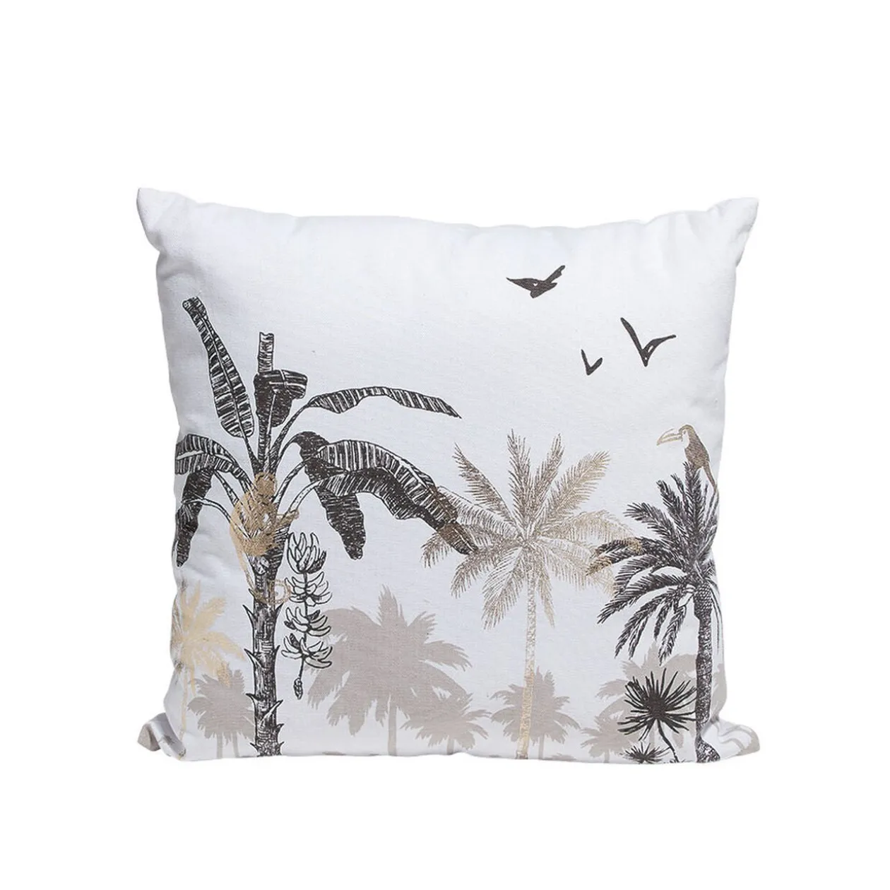 Coussin blanc motif paysage tropical noir et doré