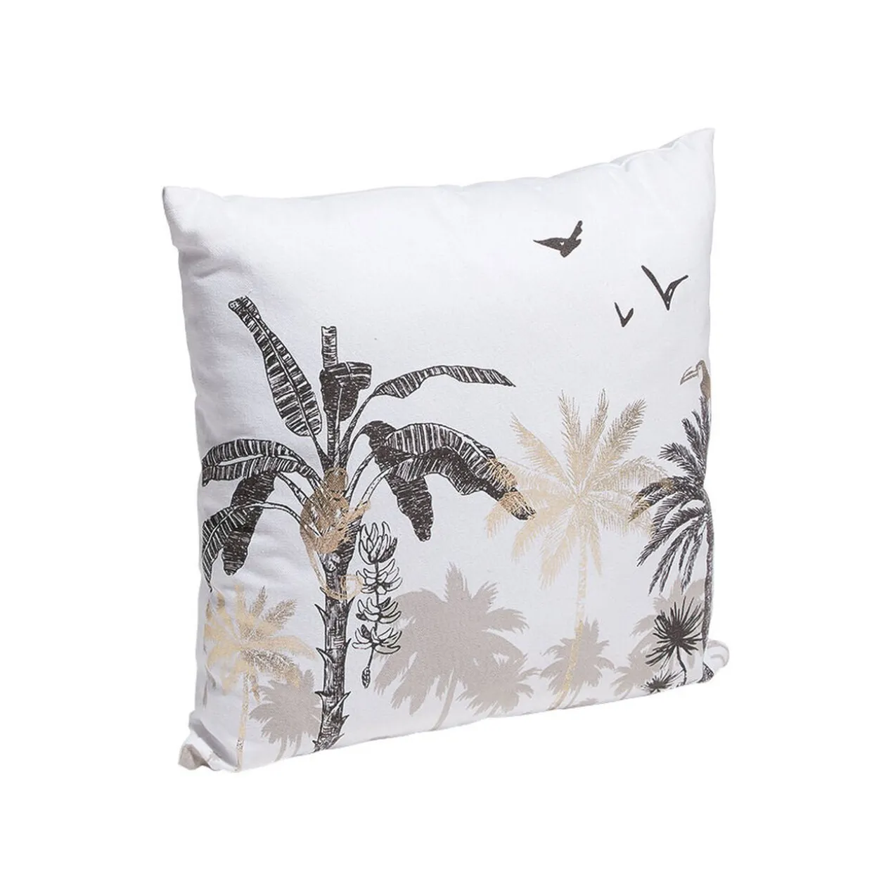 Coussin blanc motif paysage tropical noir et doré