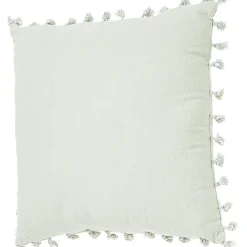 Coussin carré à pompons coton lavé effet moucheté uni bleu