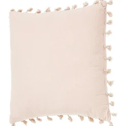 Coussin carré à pompons coton lavé effet moucheté uni rose
