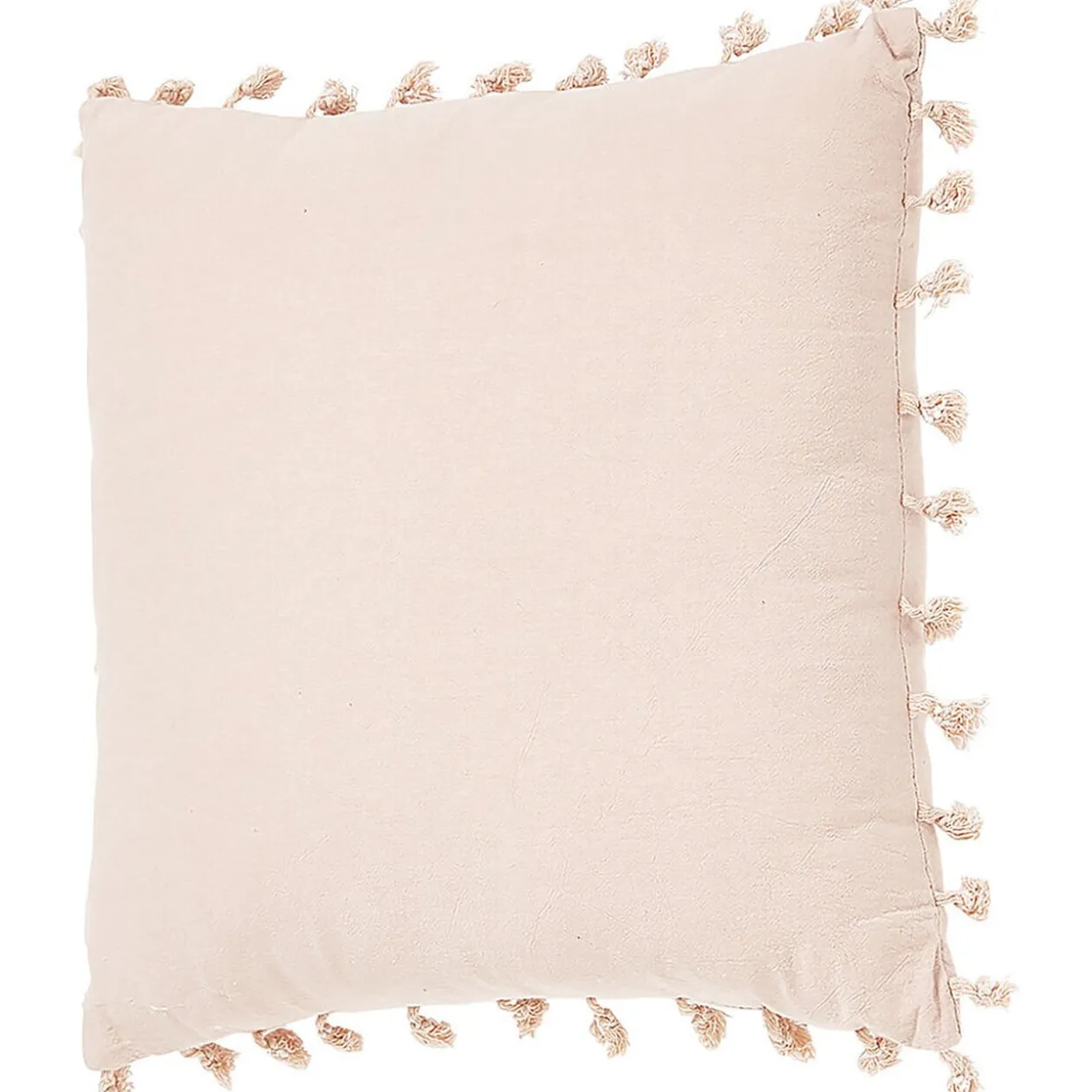 Coussin carré à pompons coton lavé effet moucheté uni rose