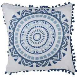 Coussin carré design Cyclade effet lin blanc et bleu
