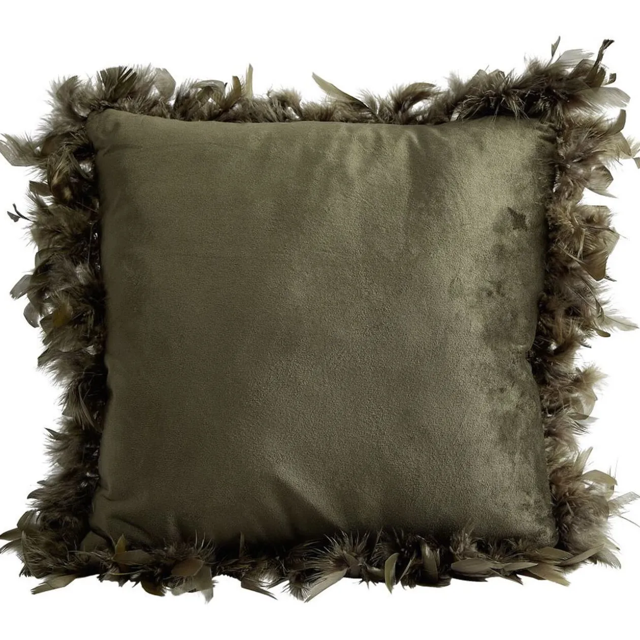 Coussin carré déhoussable velours contour plume kaki 50x50xép15cm