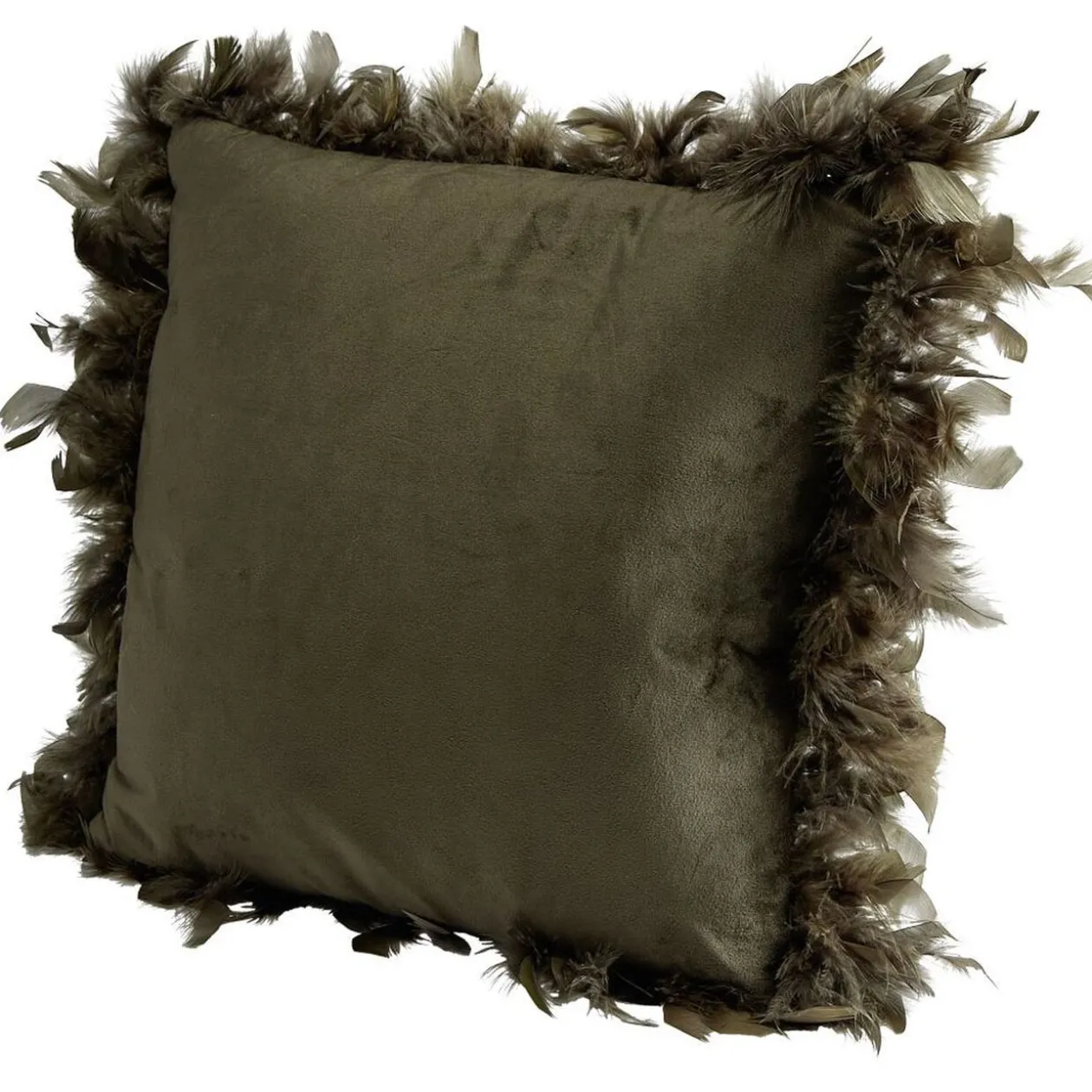 Coussin carré déhoussable velours contour plume kaki 50x50xép15cm
