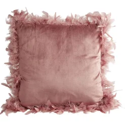 Coussin carré déhoussable velours contour plume rose 50x50xép15cm