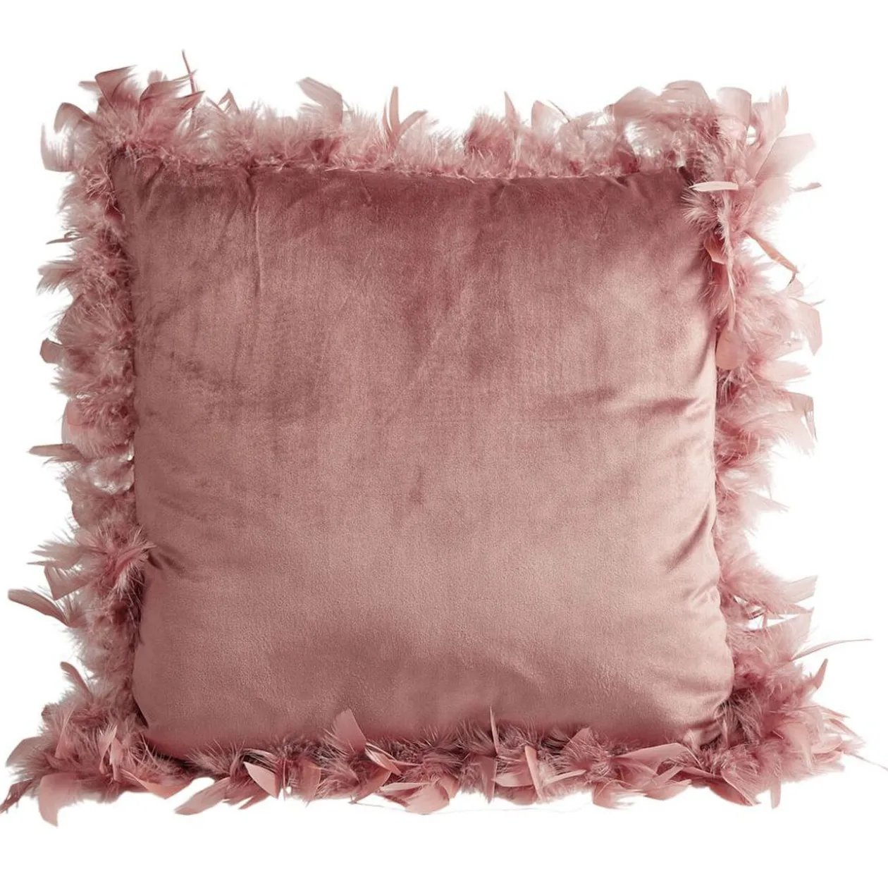 Coussin carré déhoussable velours contour plume rose 50x50xép15cm