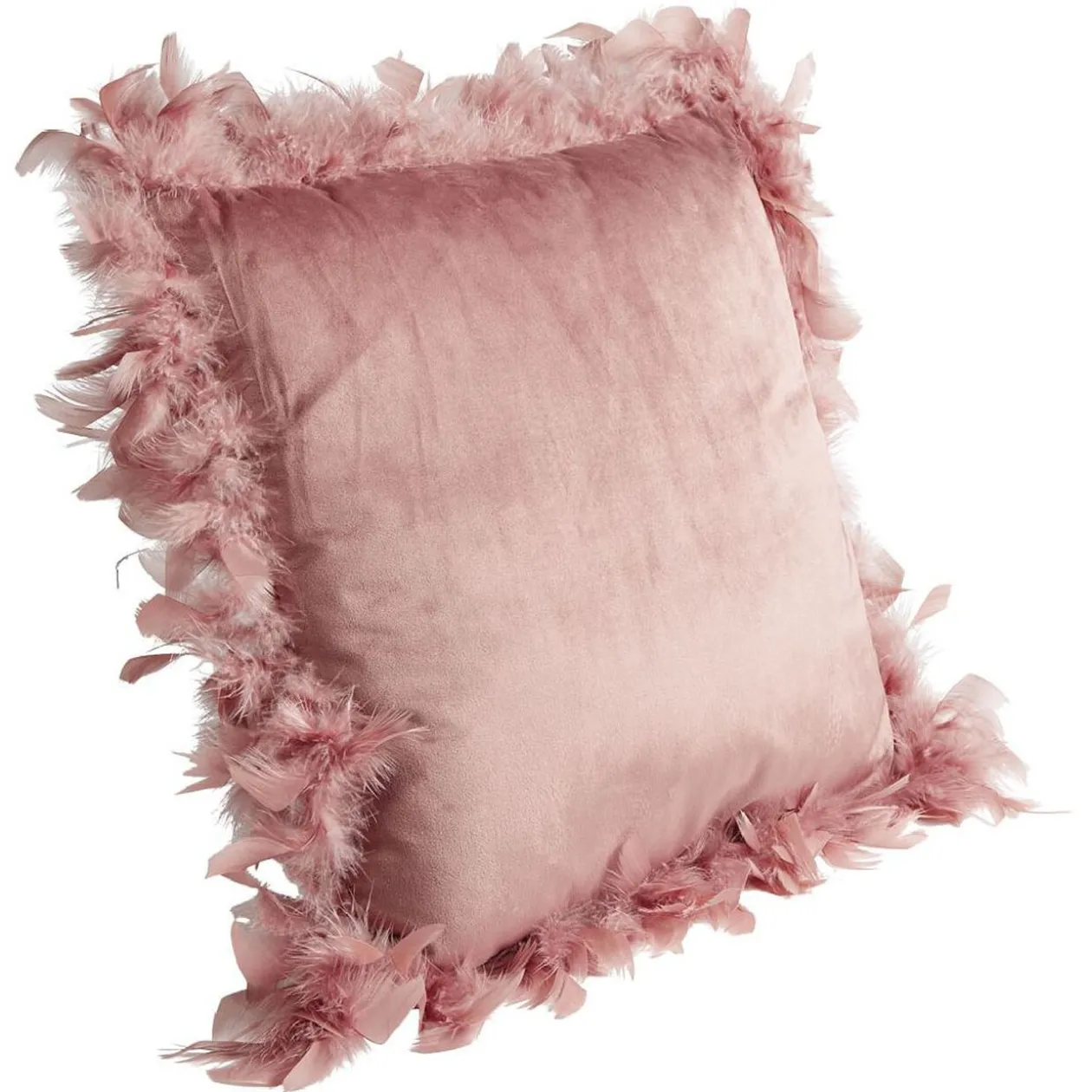 Coussin carré déhoussable velours contour plume rose 50x50xép15cm