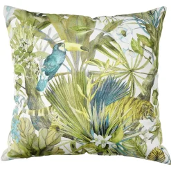 Coussin carré imprimé feuillage et perroquet vert