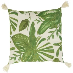 Coussin carré imprimé tropical 4 pompons 40x40 cm
