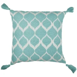 Coussin carré motif géométrique blanc bleu 4 pompons