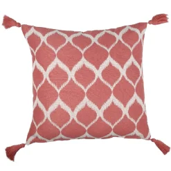 Coussin carré motif géométrique blanc rose 4 pompons