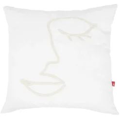 Coussin carré motif line art visage blanc polycoton 38x38cm