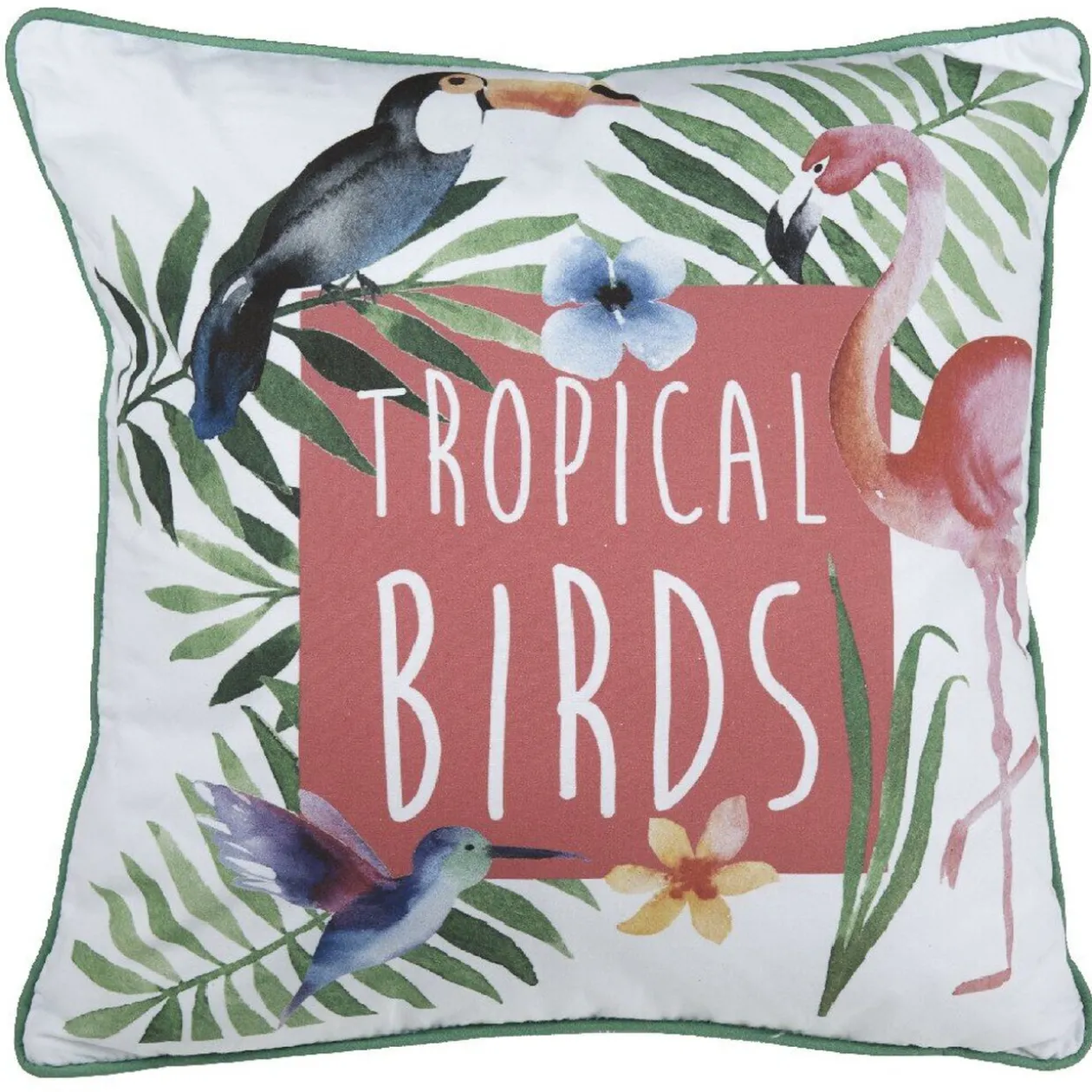 Coussin carré multicolore motif oiseaux tropicaux