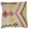 Coussin carré tufté beige motif ethnique jaune et rouge