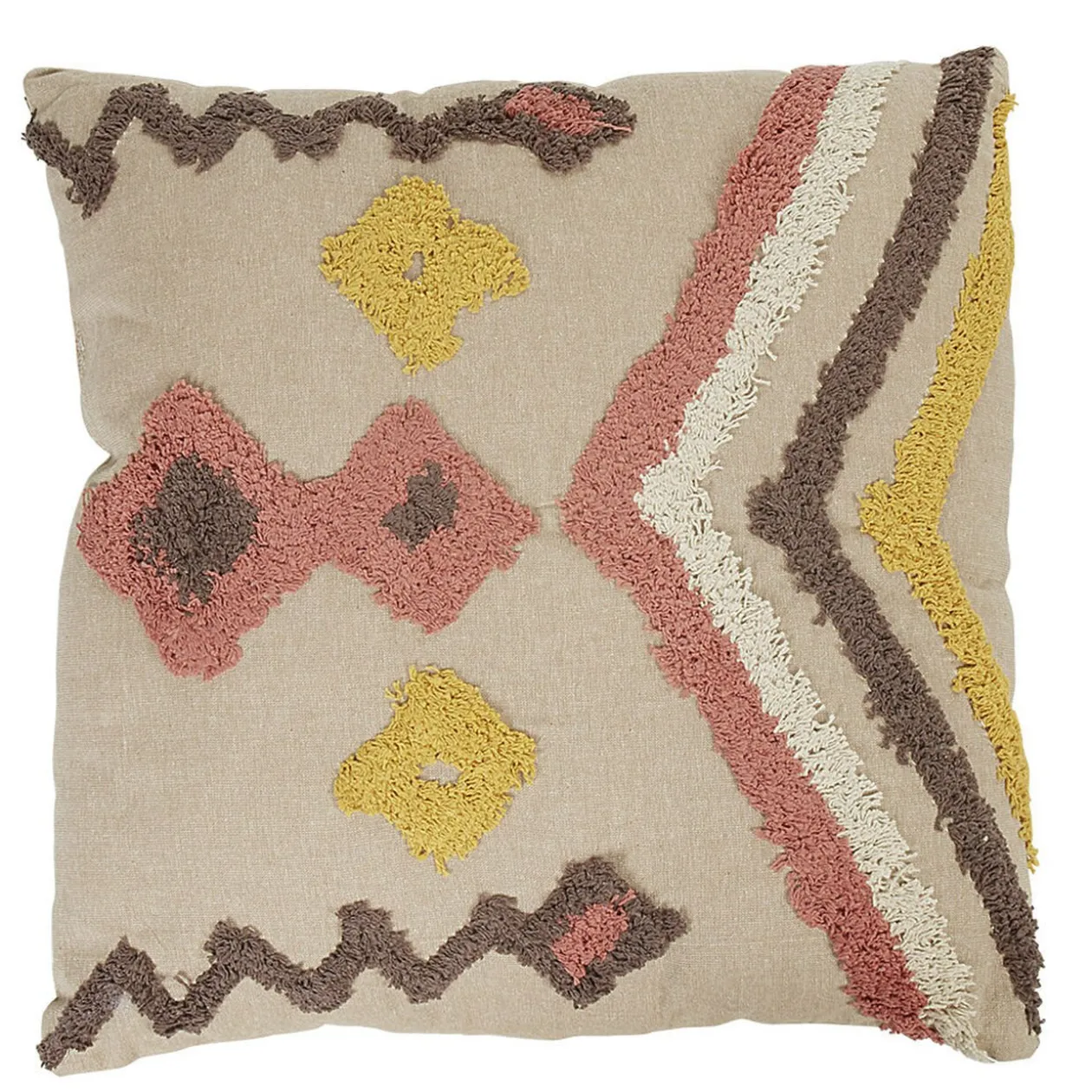 Coussin carré tufté beige motif ethnique jaune et rouge