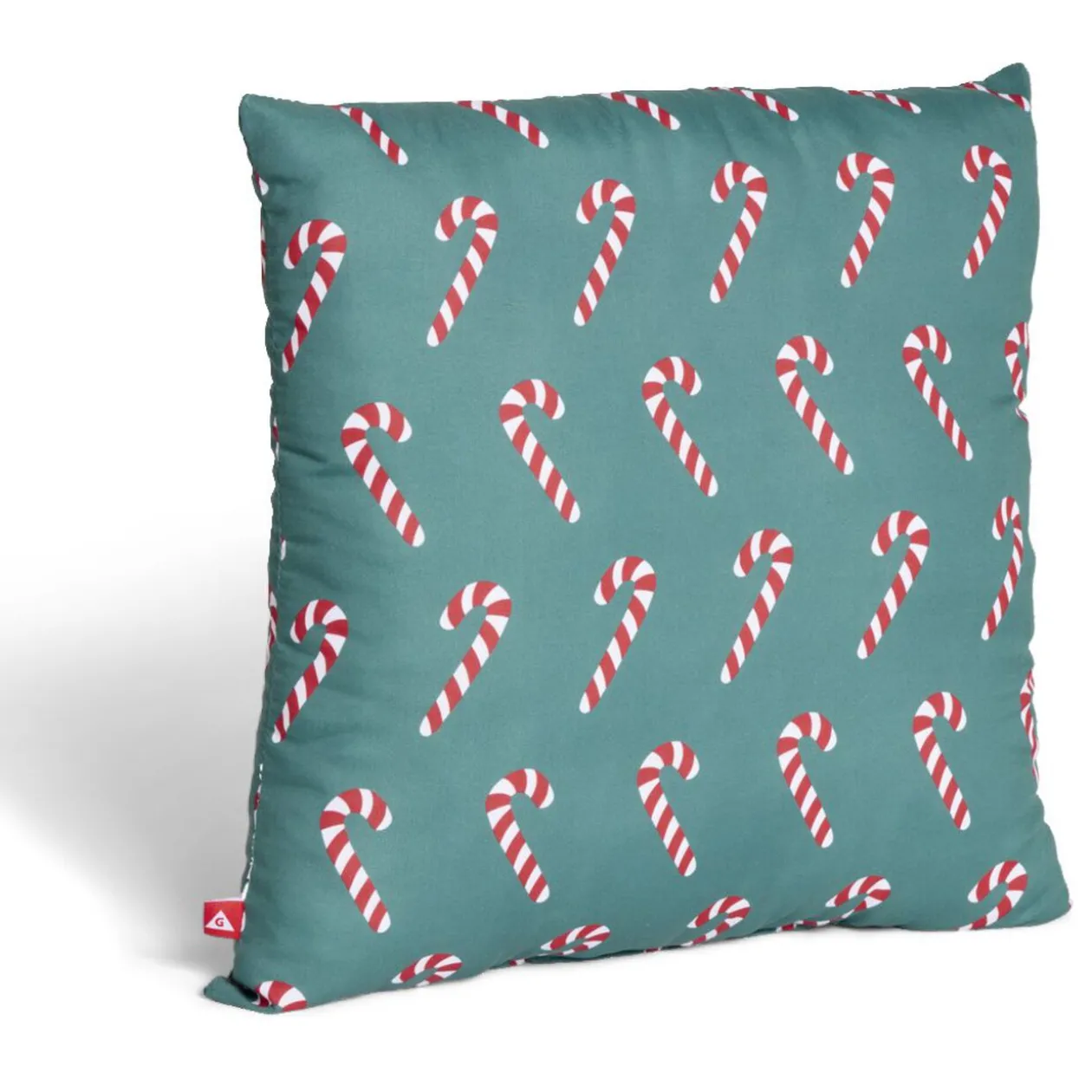 Coussin carré vert motif sucre d'orge rouge et blanc 40x40cm