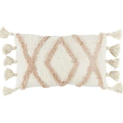Coussin déco pompon ethnique 30x50cm beige