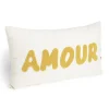 Coussin déco rectangulaire "Amour" beige et jaune moutarde 30x50cm