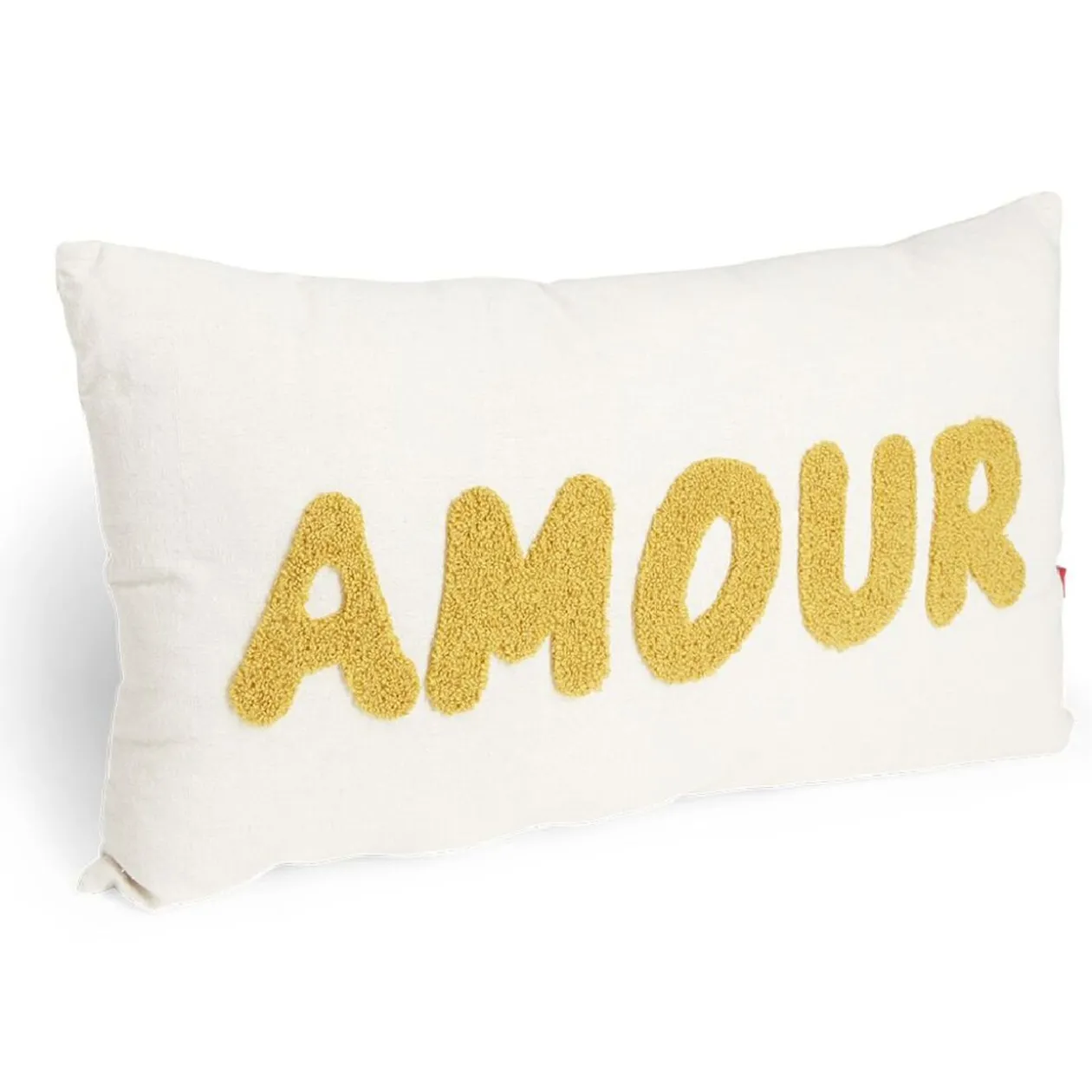 Coussin déco rectangulaire "Amour" beige et jaune moutarde 30x50cm