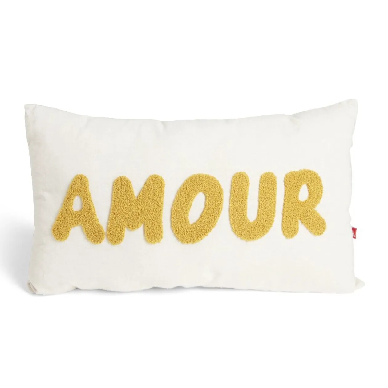 Coussin déco rectangulaire "Amour" beige et jaune moutarde 30x50cm