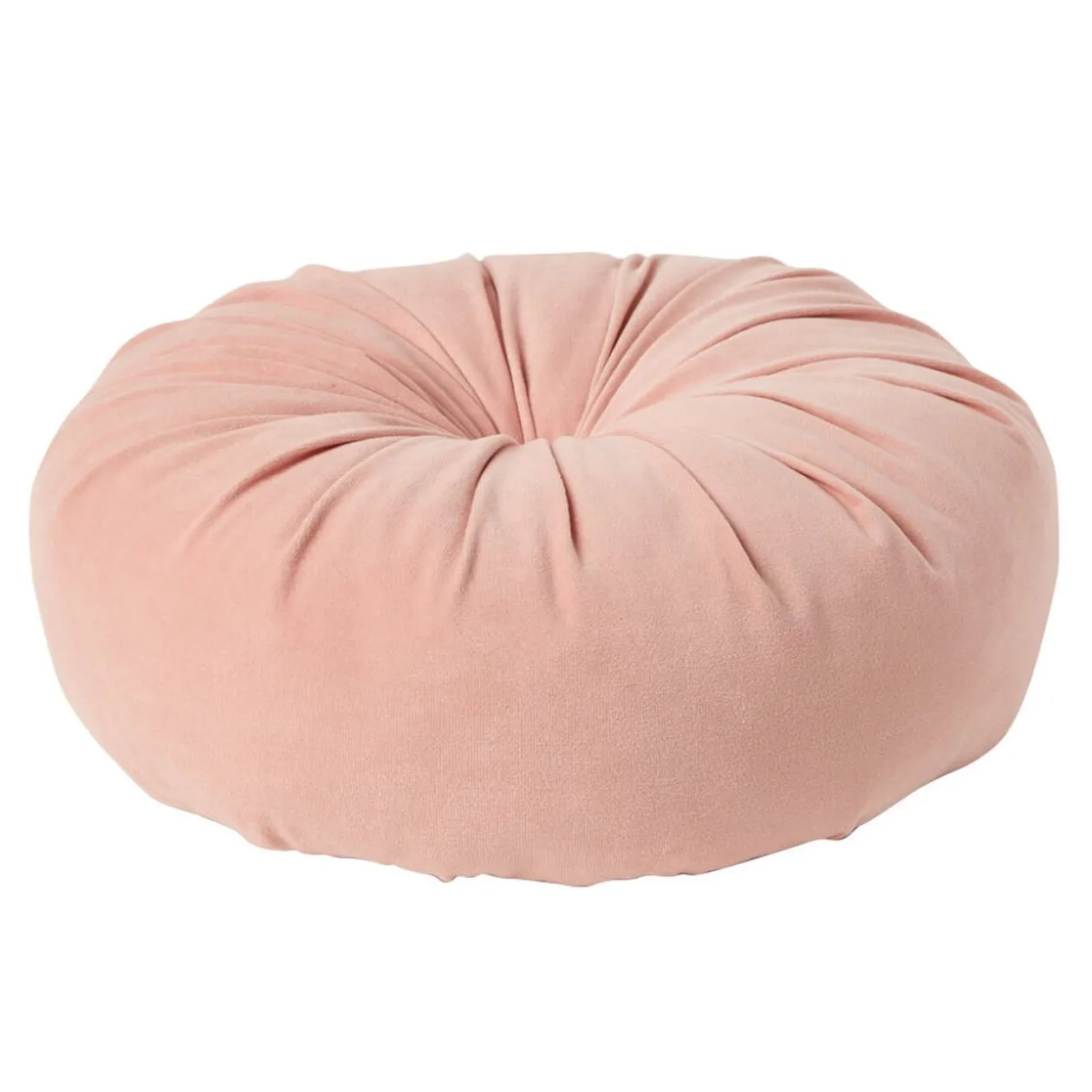Coussin déco rond avec bouton central en velours vieux rose