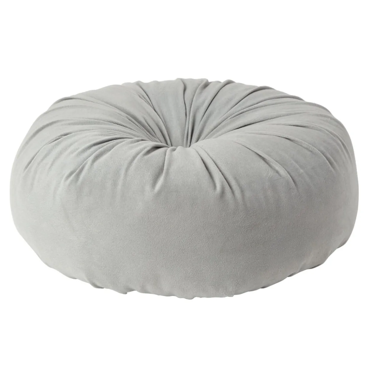 Coussin déco rond avec bouton central en velours gris clair