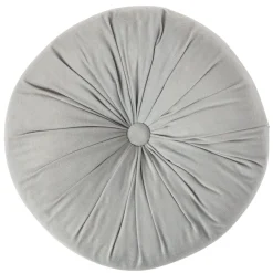 Coussin déco rond avec bouton central en velours gris clair