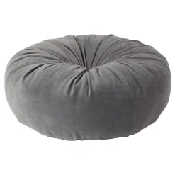 Coussin déco rond avec bouton central en velours gris foncé