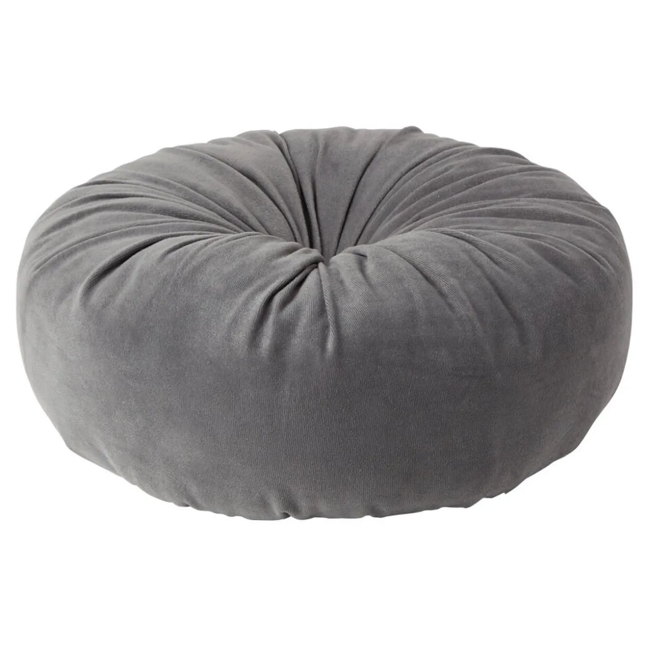 Coussin déco rond avec bouton central en velours gris foncé