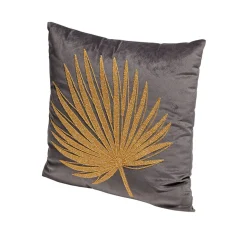 Coussin gris en velours motif feuille de palmier dorée