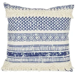 Coussin imprimé bleu décor à franges beige 40x40 cm