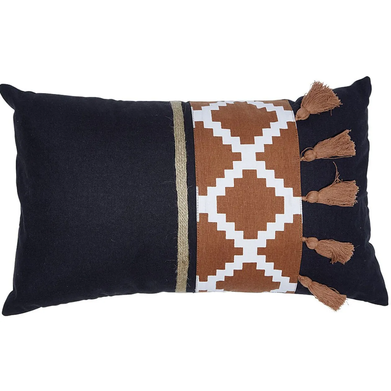 Coussin noir et marron motif géométrique et pompons