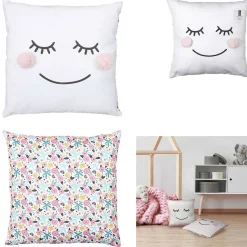 Coussin pompon biface imprimé sourire floral bleu et rose 40x40xép10cm